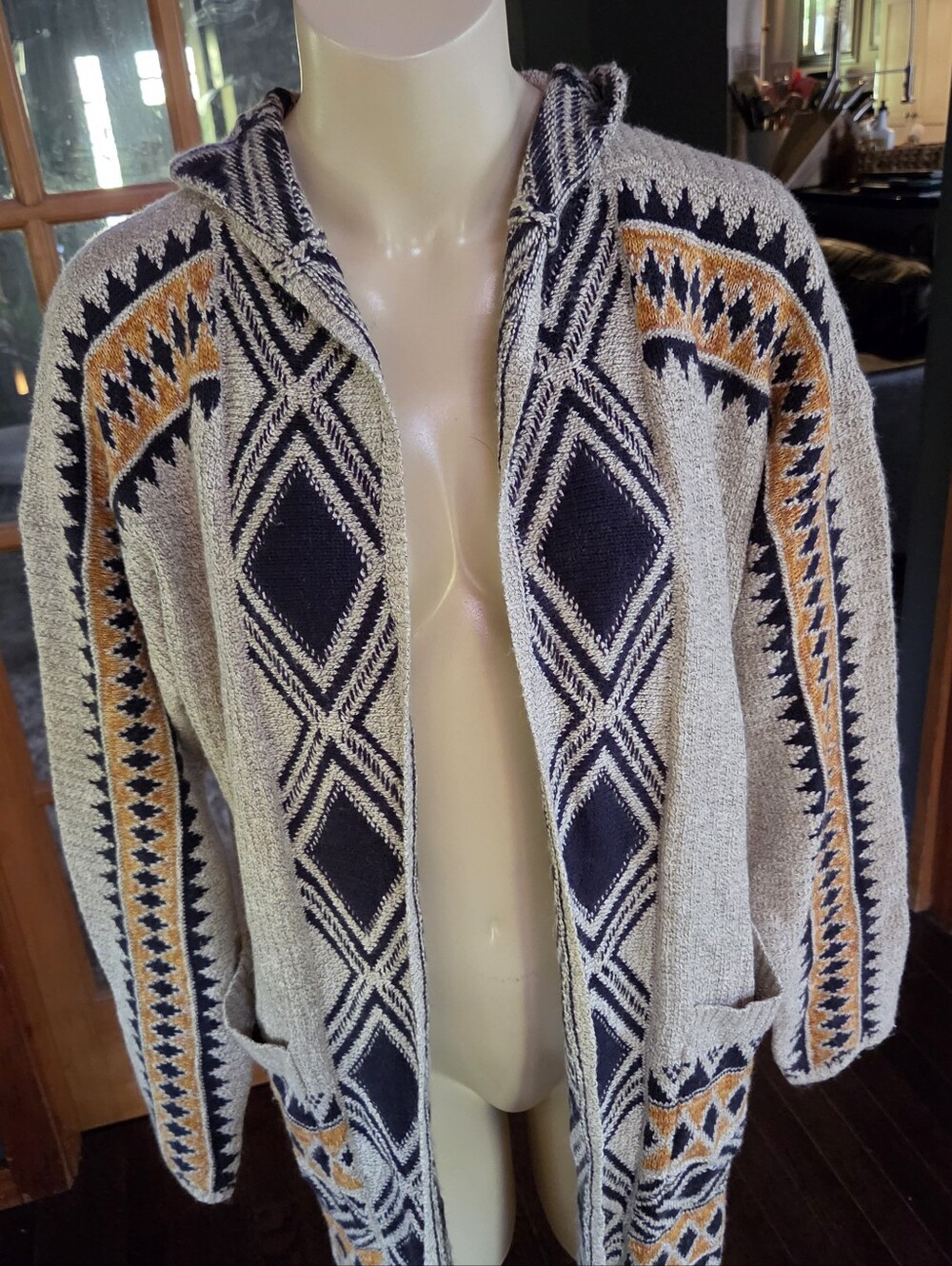 Lucky Brand Womens Aztec Patterned Hooded Sweater - Navy & Beige & Gold